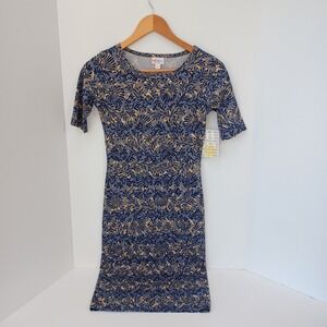 LULAROE Julia Blue Yellow/White Leaf Pattern Form Fitting‎ Pencil Dress XXS NWT